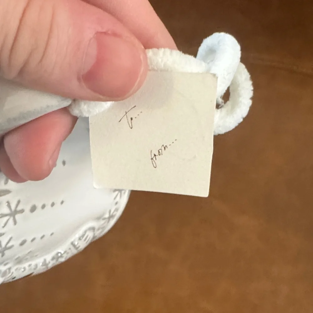 White Anthropologie Mug with Gold Letter A and Stocking Design